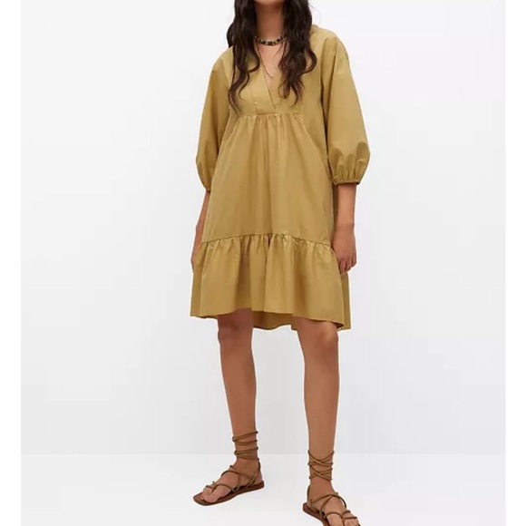 Mango Dresses & Skirts - NWT Mango XS/ S Tan Mini Babydoll Oversized Dress with Balloon 3/4 sleeves